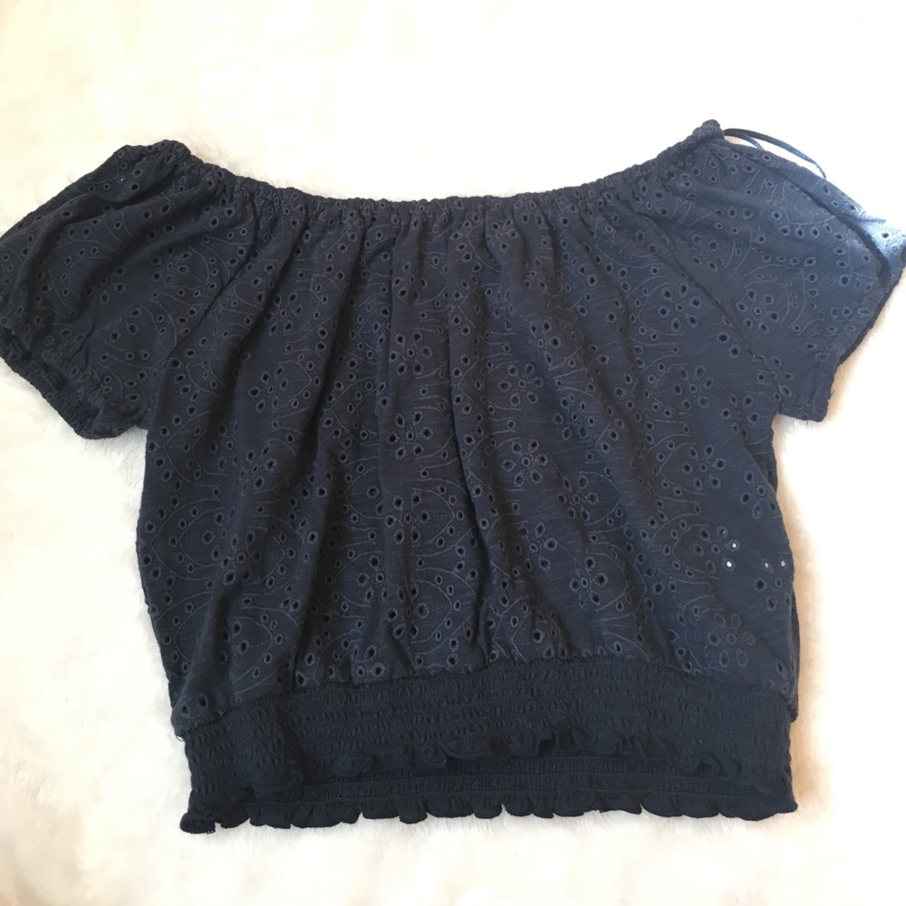 navy blue off shoulder top with lace design